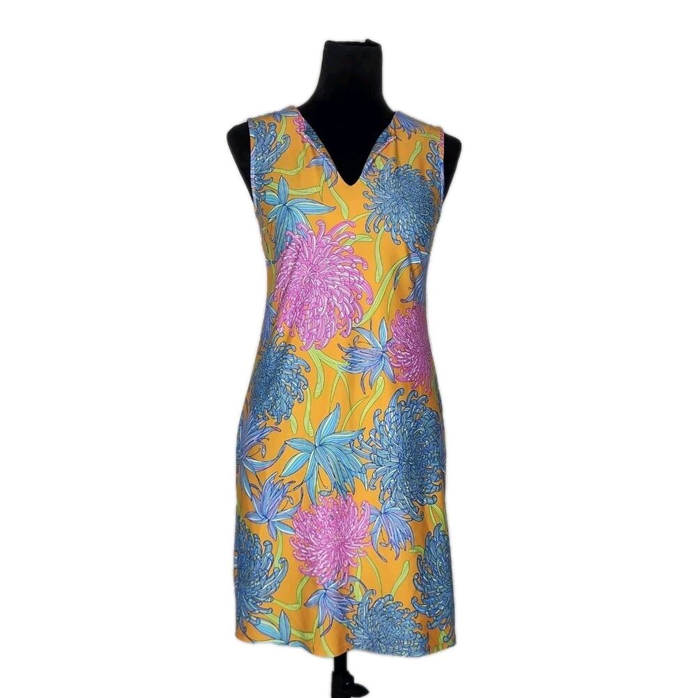 Jude Connally Bright Floral Shift Dress Sleeveless V Neck Stretch Resort XS